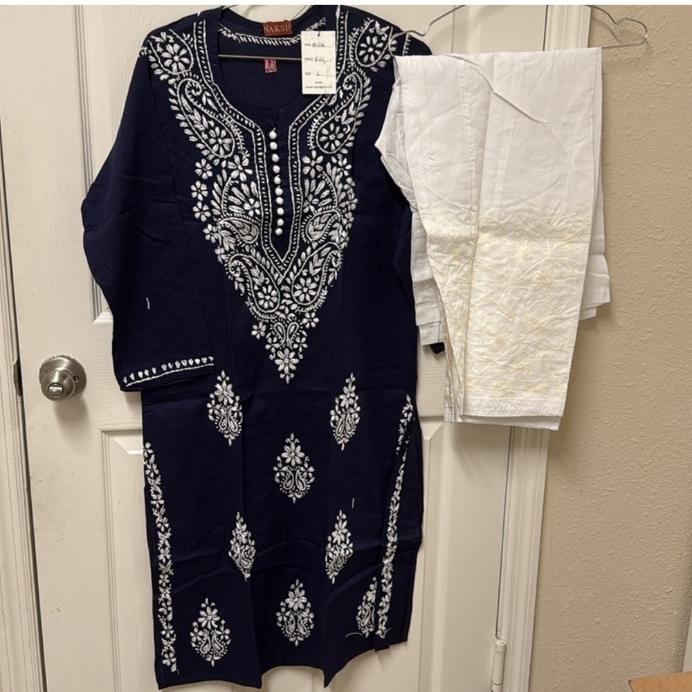 New Pakistani Indian Ethnic Navy and White Embroidered Kurta Set #617